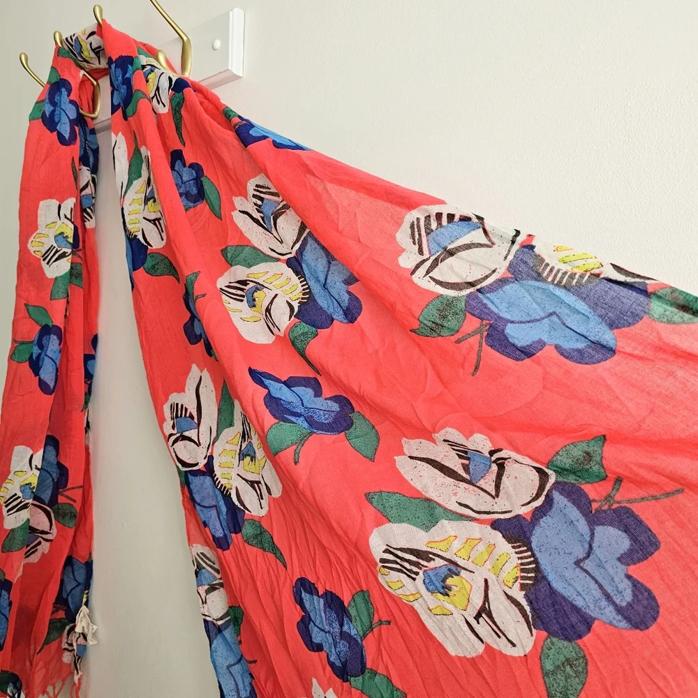 Aerie Floral Vibrant Multicolored Fringed Lightweight Scarf All Over Print